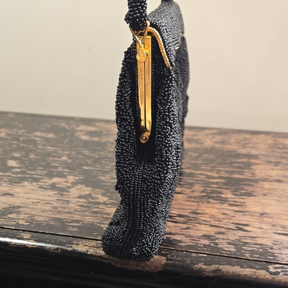 Black Beaded Vintage Handbag with Silk Interior - Picture 5 of 9